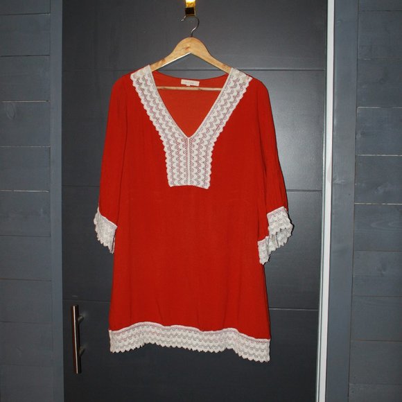 LIMITED SALE:ENTRO Rust Colored Long Sleeve Boho Tunic with Crotchet Trim Size M - Picture 1 of 8